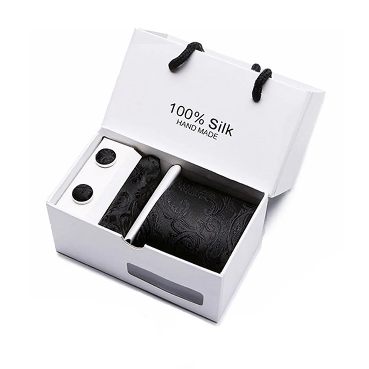 5 Piece Men's Tie Gift Set Luxury Necktie Pocket Square Cufflinks Handkerchief - Black