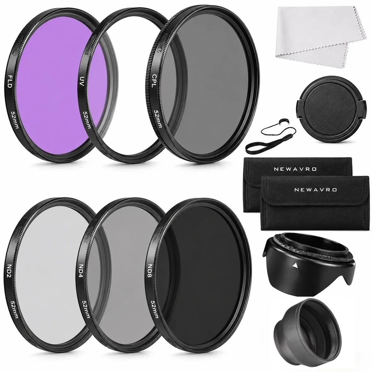 Newavro 58mm Camera Lens Filter Kit UV, CPL, FLD & ND Filters w/ Lens Hood