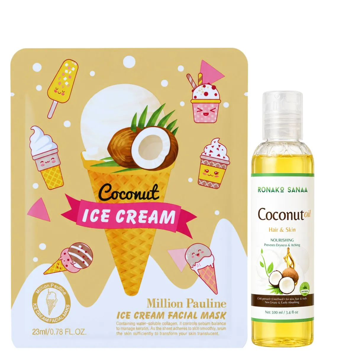 Coconut Ice Cream Facial Mask Pack of 10 + Runako sanaa Coconut Oil