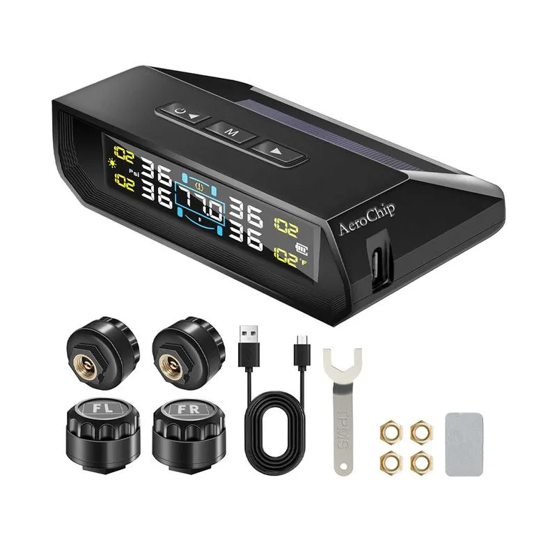 TPMS Tire Pressure Monitoring System - 4 Sensors, Solar & USB Dual Power