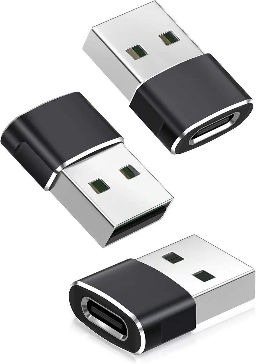 3-Pack USB-A to USB-C 2.0 Adapter - Data Transfer & Charging for Devices - Black