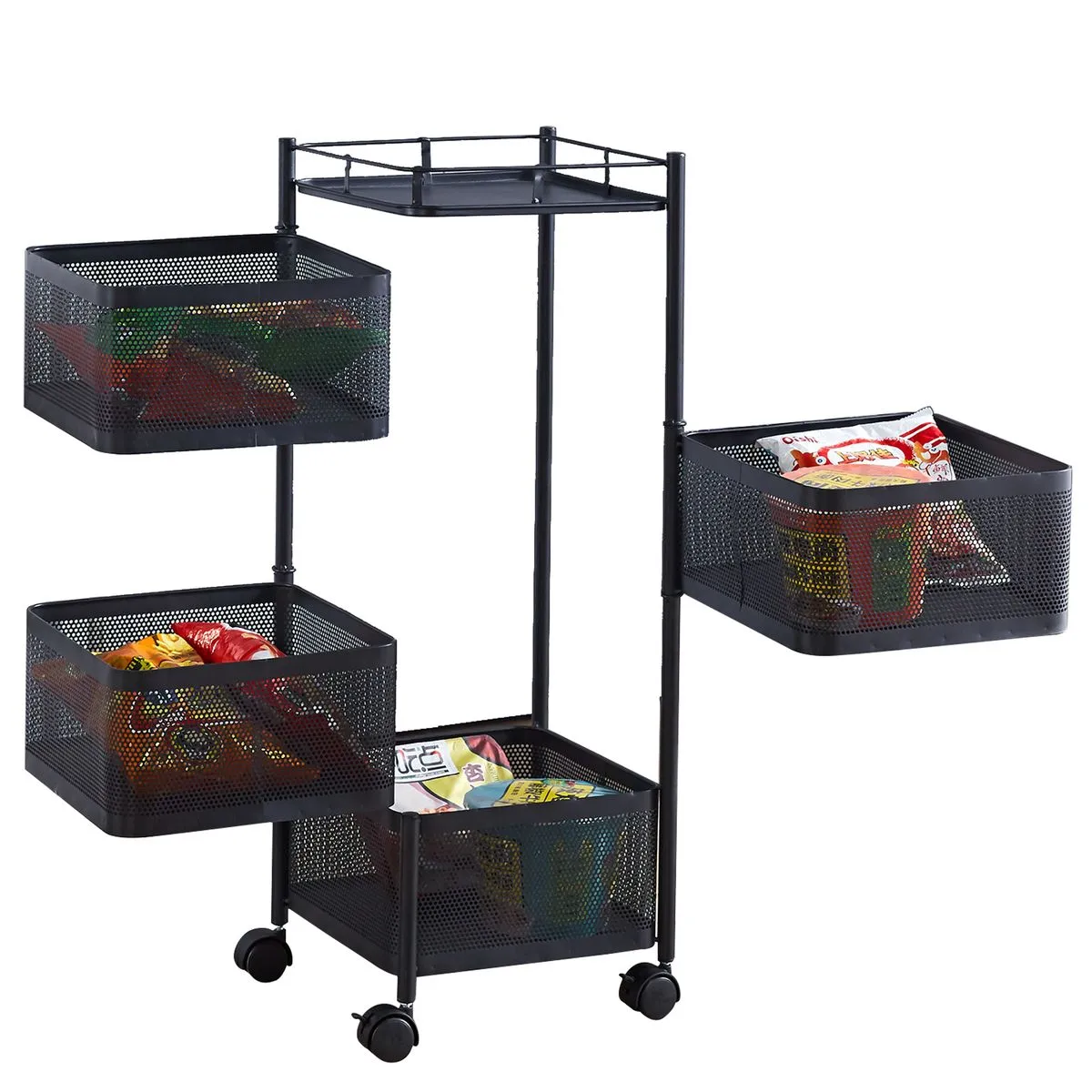Rotating Storage Rack Kitchen Fruit Basket Cart - Black