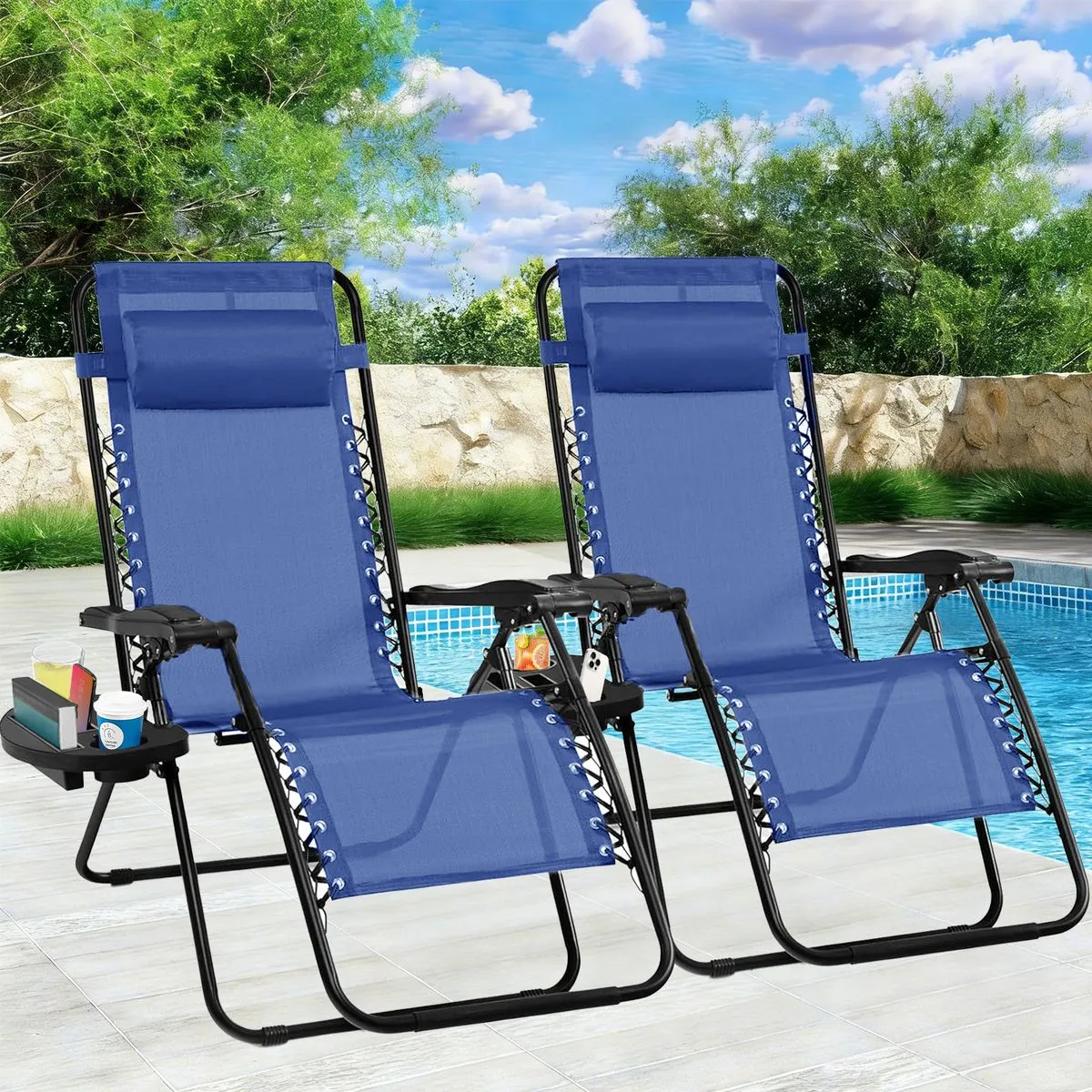 Lounger Chair Outdoor Folding Recliner Chair Set of 2 Pillows Trays Black - Blue