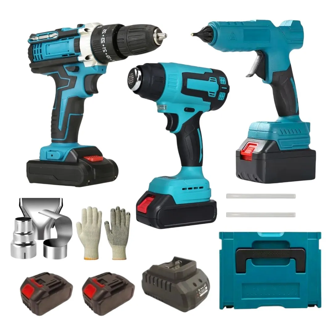 48V Cordless Li-ion Drill, Heat Gun and Glue Gun - Power Tool Kit