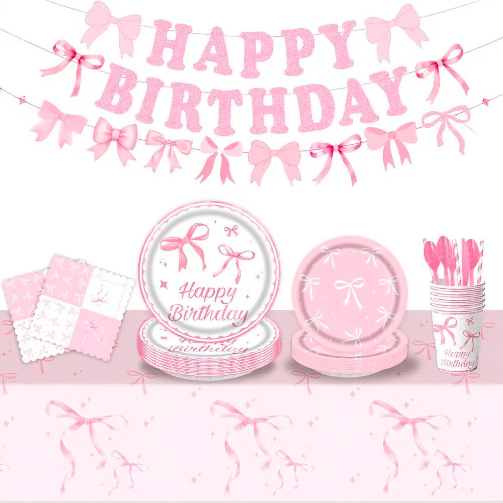 133 Pcs Bow Birthday Decorations with Plates & Napkins for Party-Blue /Pink - Pink