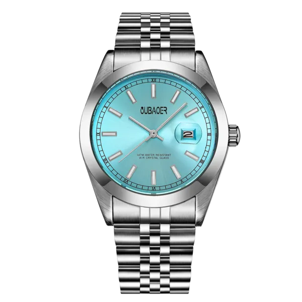 Oubaoer Men's Luxury Quartz Wristwatch - Stainless Steel with Date Display - Silver, Blue