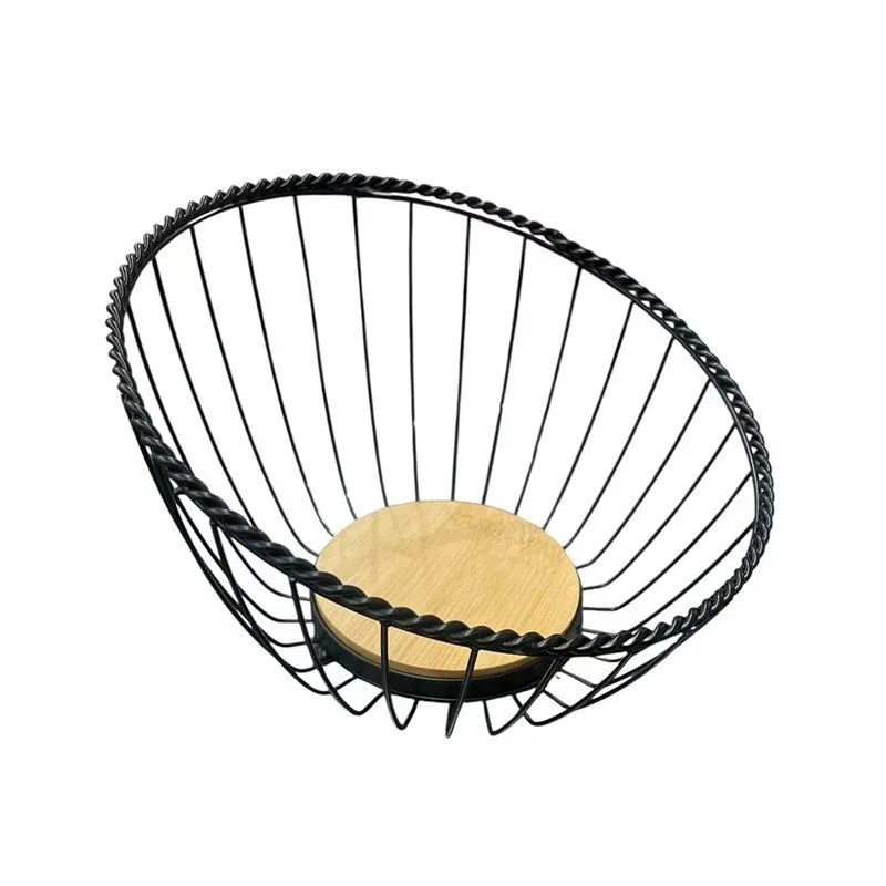Modern Wire Fruit & Bread Basket with Wooden Base - Kitchen Storage Bowl