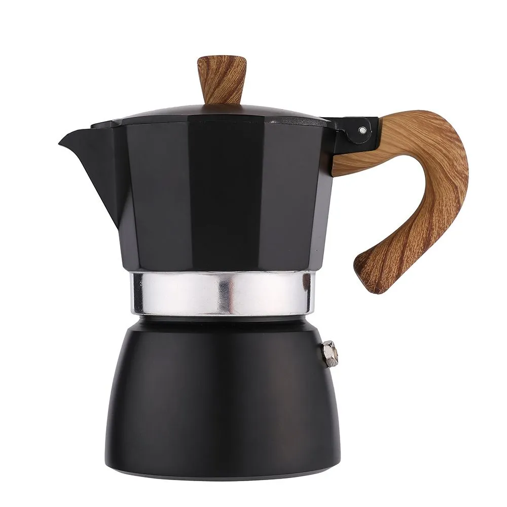 Vintage Wooden Handle Expresso Maker Moka Pot - 6-Cups - 300ml - Black