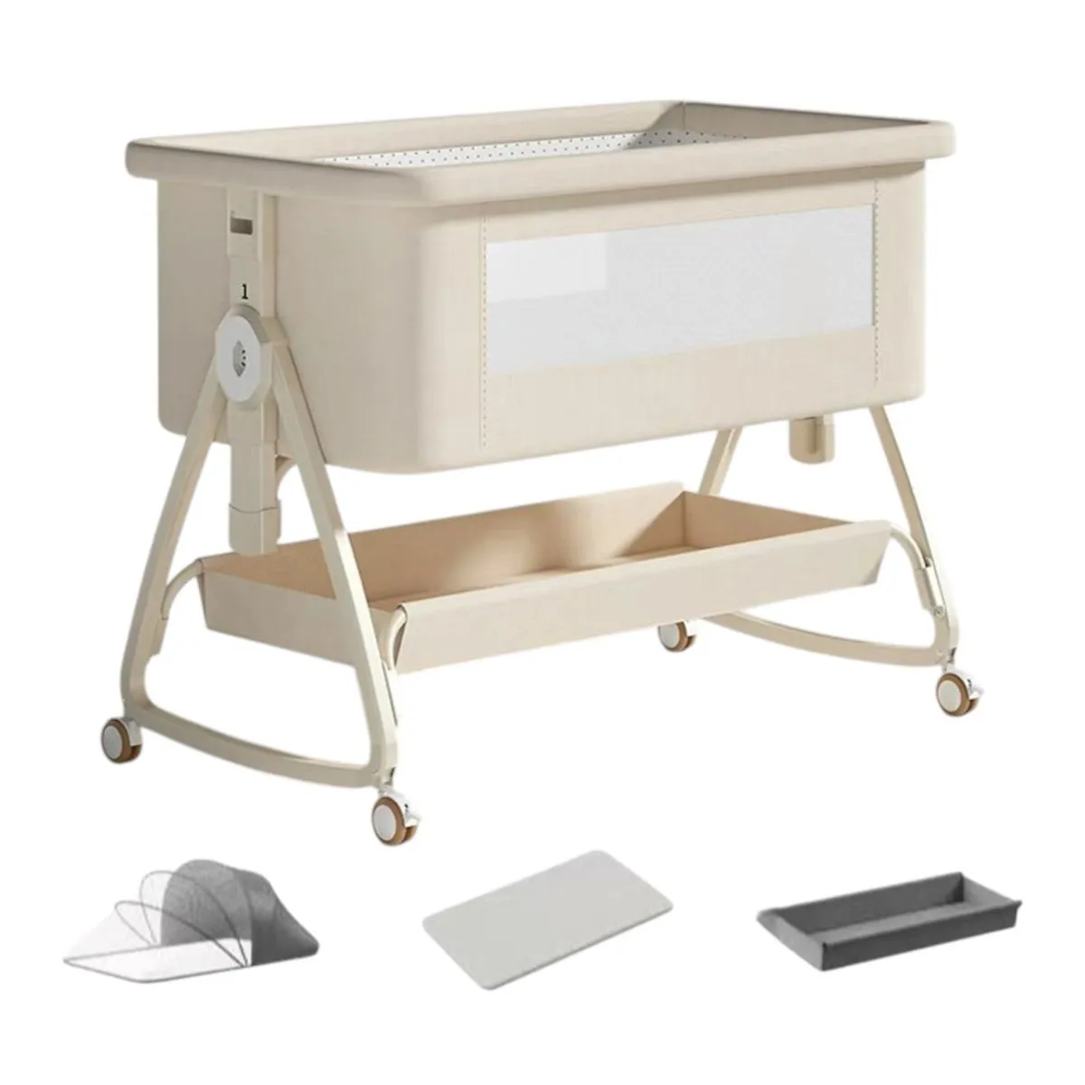 4 Piece - 3-in-1 Portable Baby Bassinet with Storage Tray & Mattress Pad - Beige
