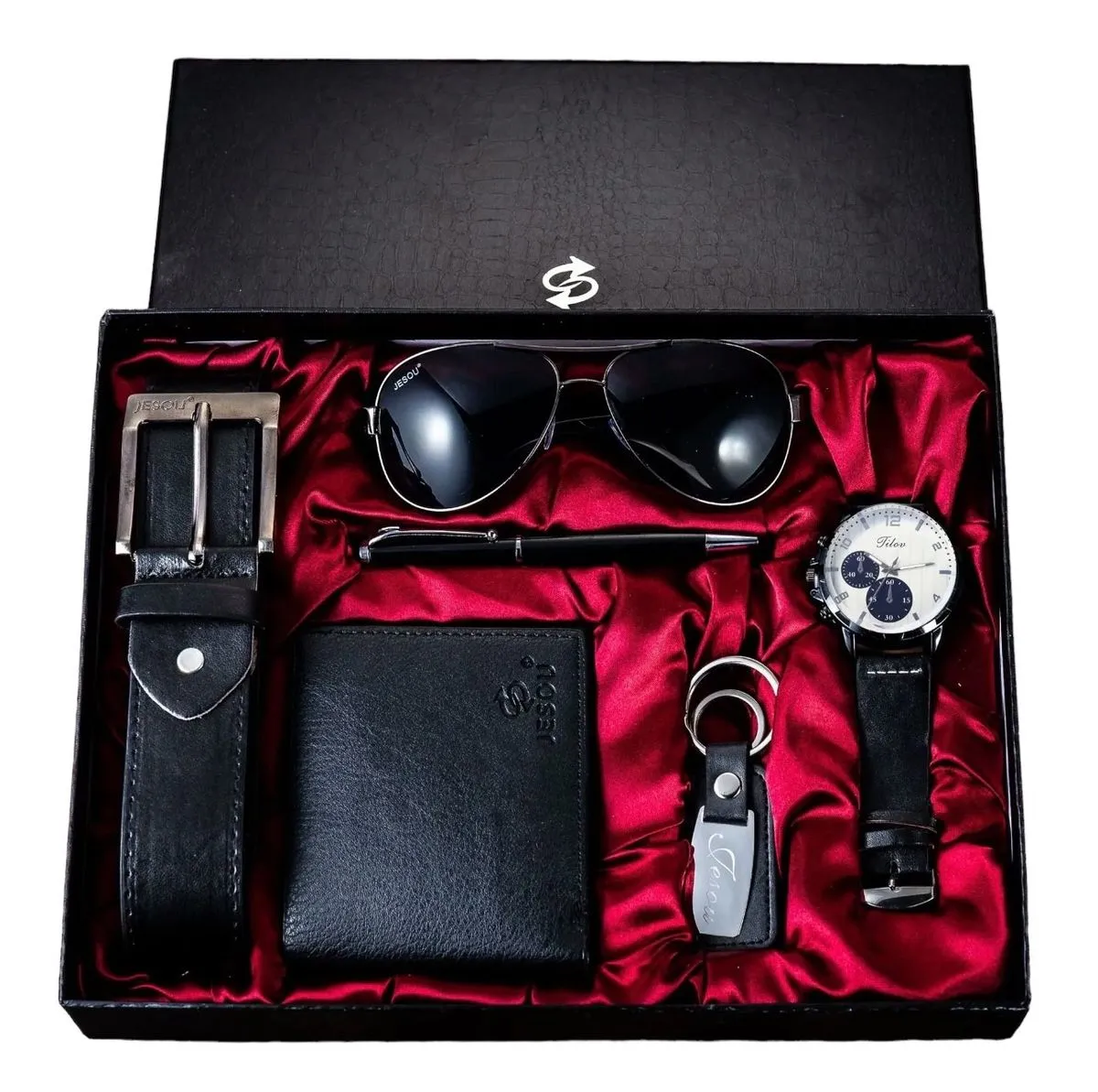 Ideal Luxury Men Gift Set: Watch, Sun Glasses, Wallet, Keychain, Belt, Pen - Black