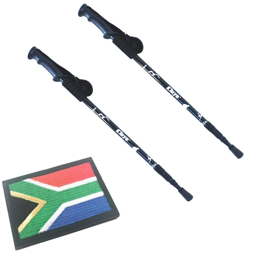 2 x Hiking Stick Trekking Pole Ultra Light Aluminium Extendable + SA Patch - Black + Black