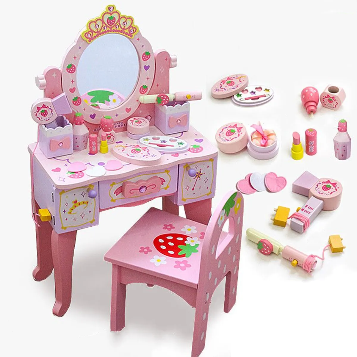 Girls Pink Vanity Set With Stool, 13 Pieces Jewelry Accessories