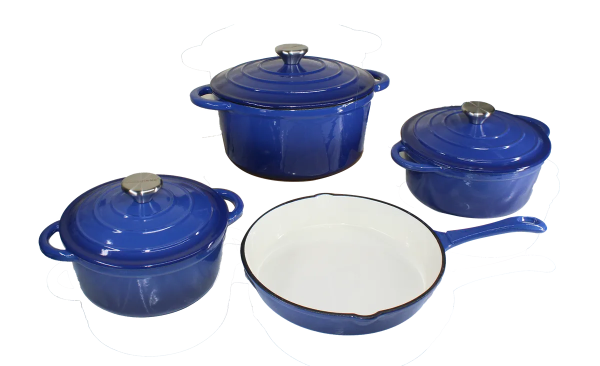 7 Piece Authentic Cast Iron Dutch Oven Cookware Pot Set - Red - Blue