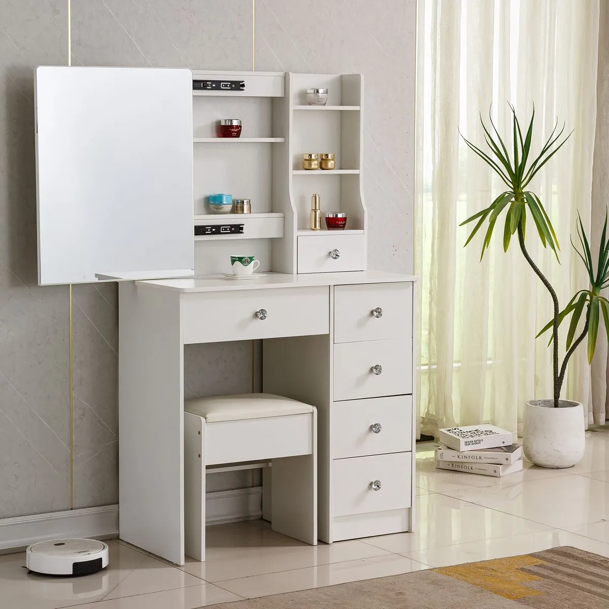 Dressing Table Stool Set Makeup Vanity Desk Stool Set with Sliding Mirror