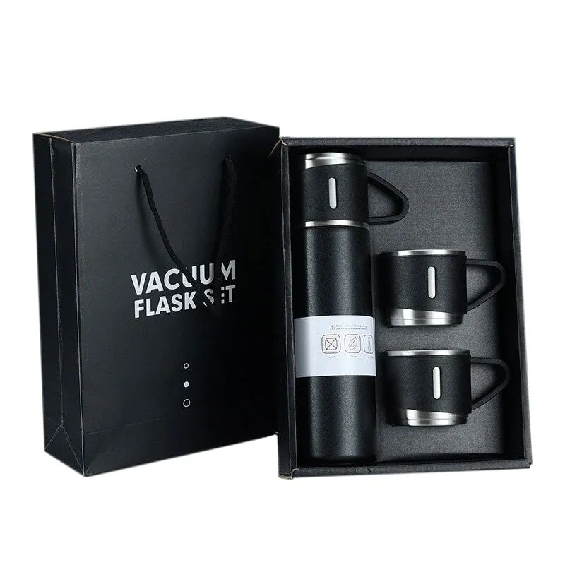 500ml Stainless Steel Vacuum Flask Gift Set with 3 Mugs - Black