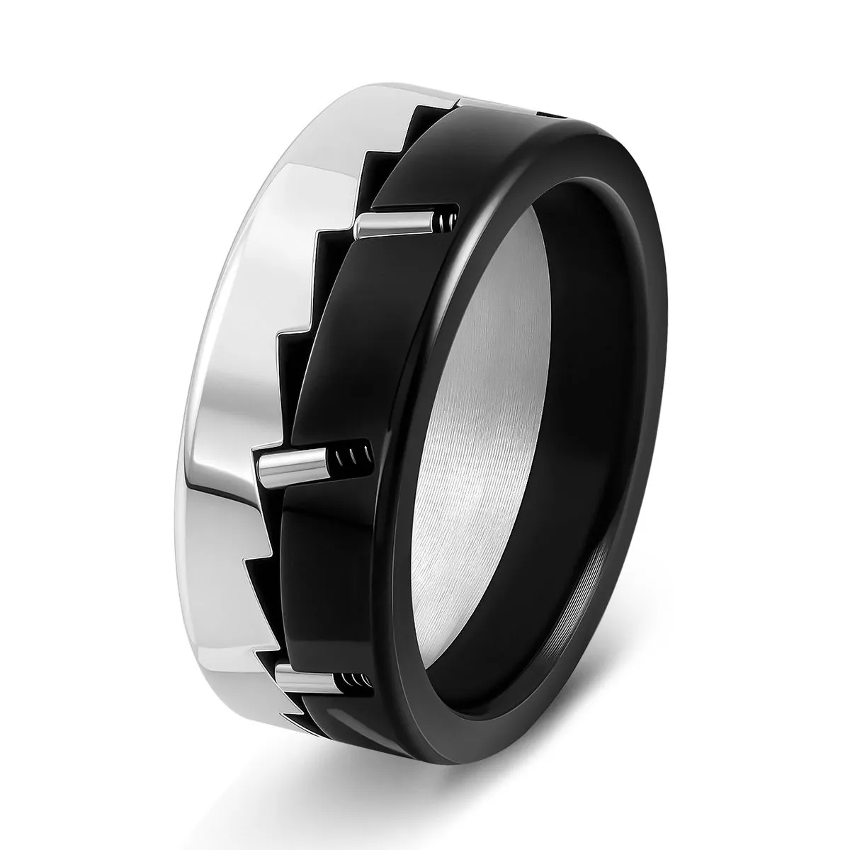 Titanium Steel Fidget Ring, Black & White, Rotatable, Stress Relief, Unisex