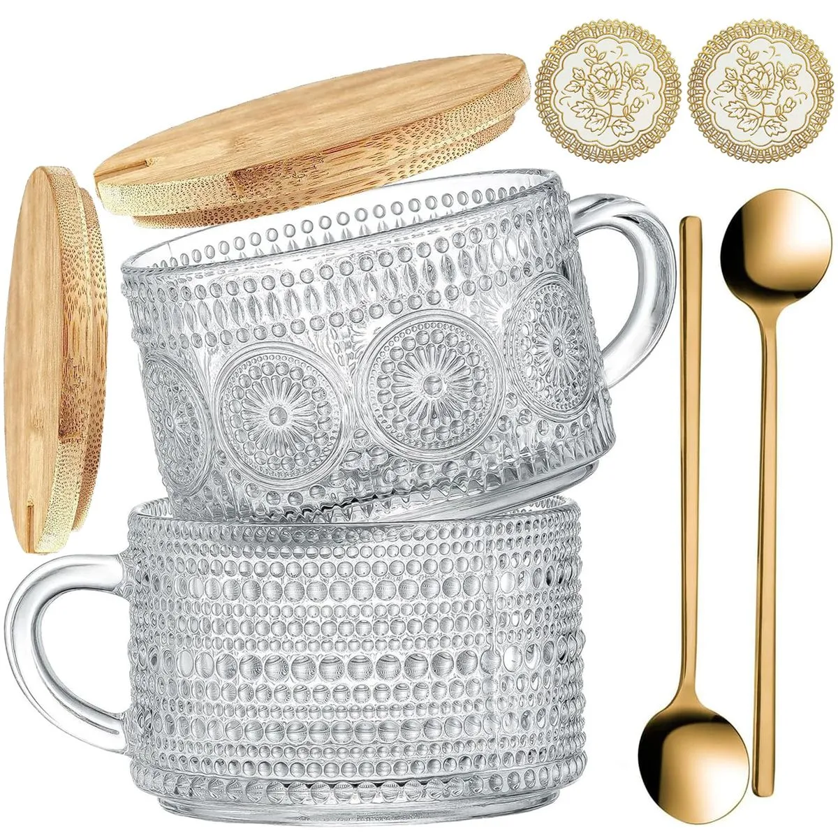 2 Pack Vintage Coffee Cups Tea Mugs With Bamboo Lid-Valentines Gift For Her