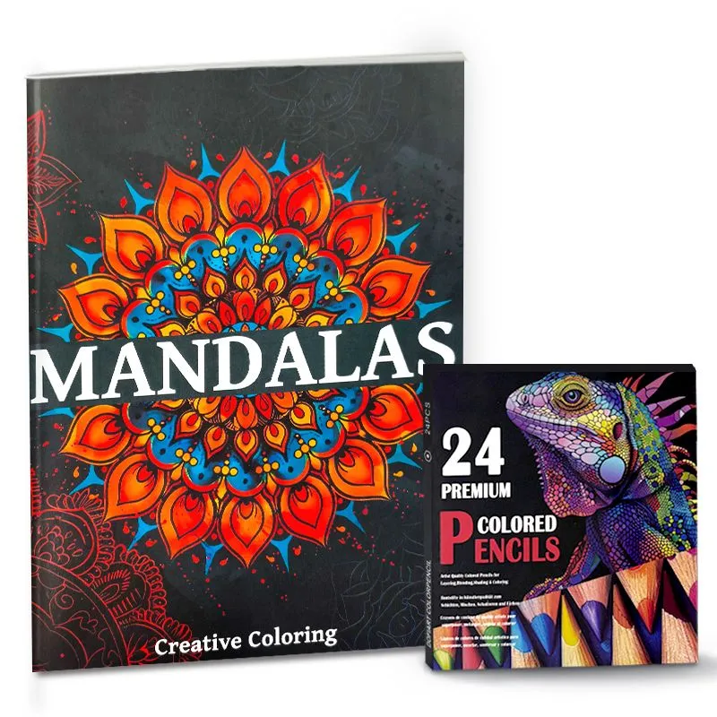 Mandala Stress Relief Adult Coloring BookSet with 24Premium Colored Pencils