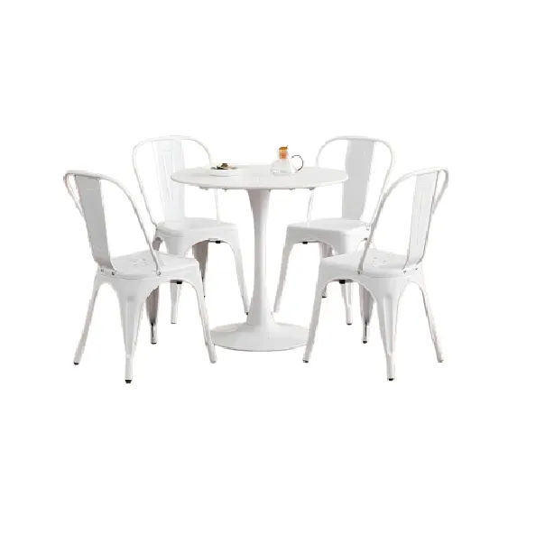 Modern 5 Piece Dining Set- Tulip Table and 4 Metal Chairs - White