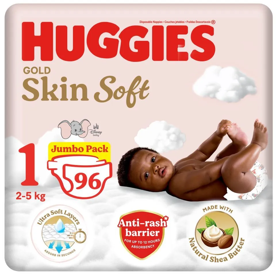 Huggies Gold Skin Soft - Size 1 New Baby (2-5kg) - 96 Nappies Jumbo Pack