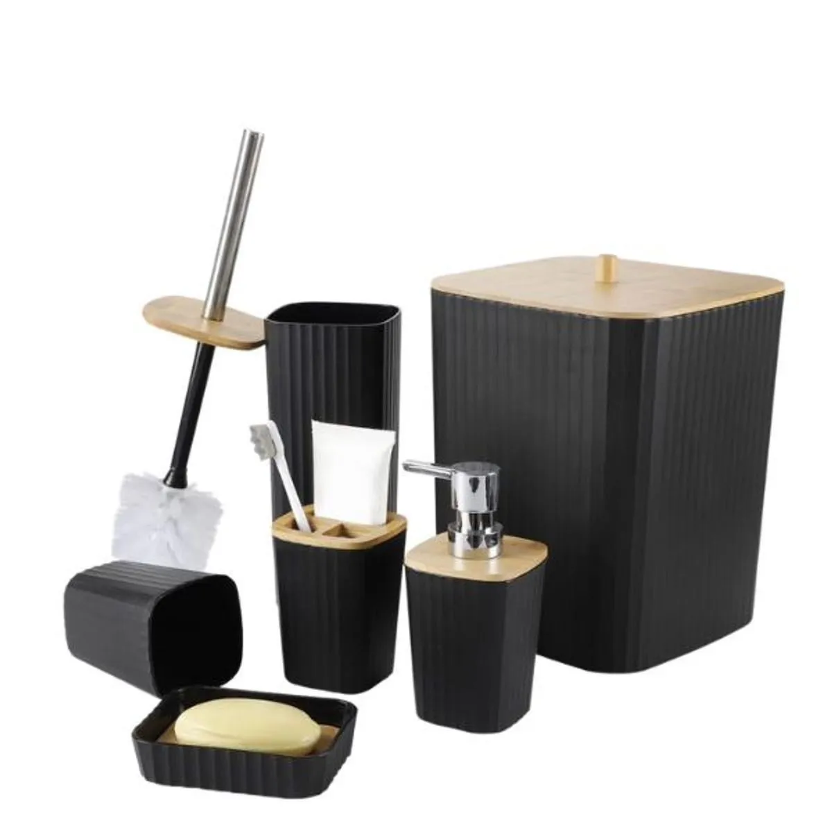 Luxury 6-Piece Bathroom Accessories Set With Wooden Lid - Black