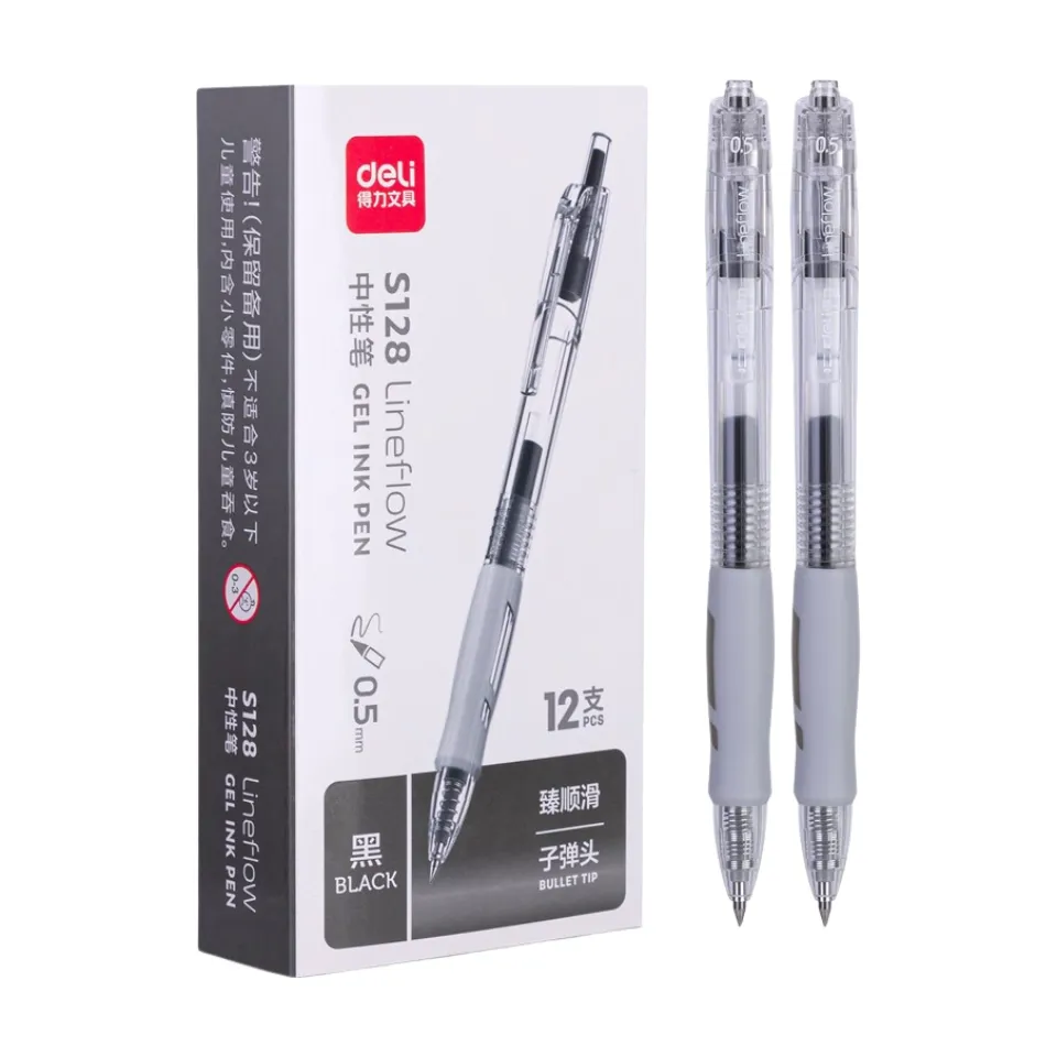 DELI 12PCS Retractable Gel Pen 0.5mm - Black Ink Barrel with Grip