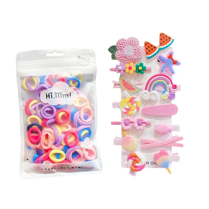 Colourful Hair Clips with Elastic Hair Bands for Girls - Pink Natural Look - Pink
