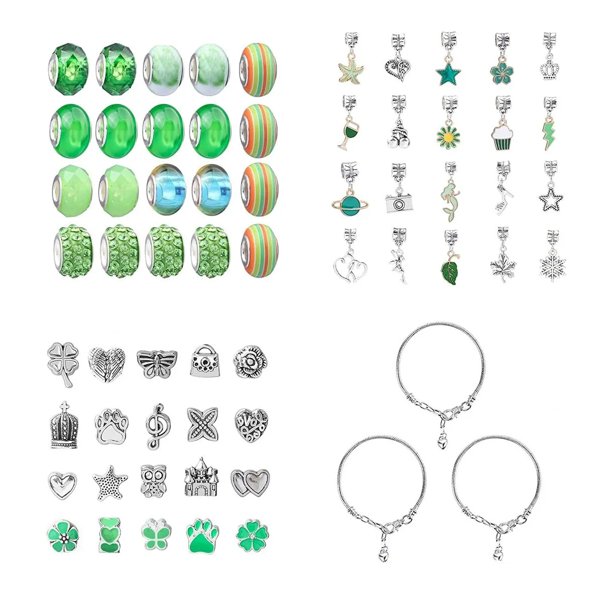 DIY Charm Bracelet Making Set Beads Jewelry Making Set Gift Box - 63 pieces - Green