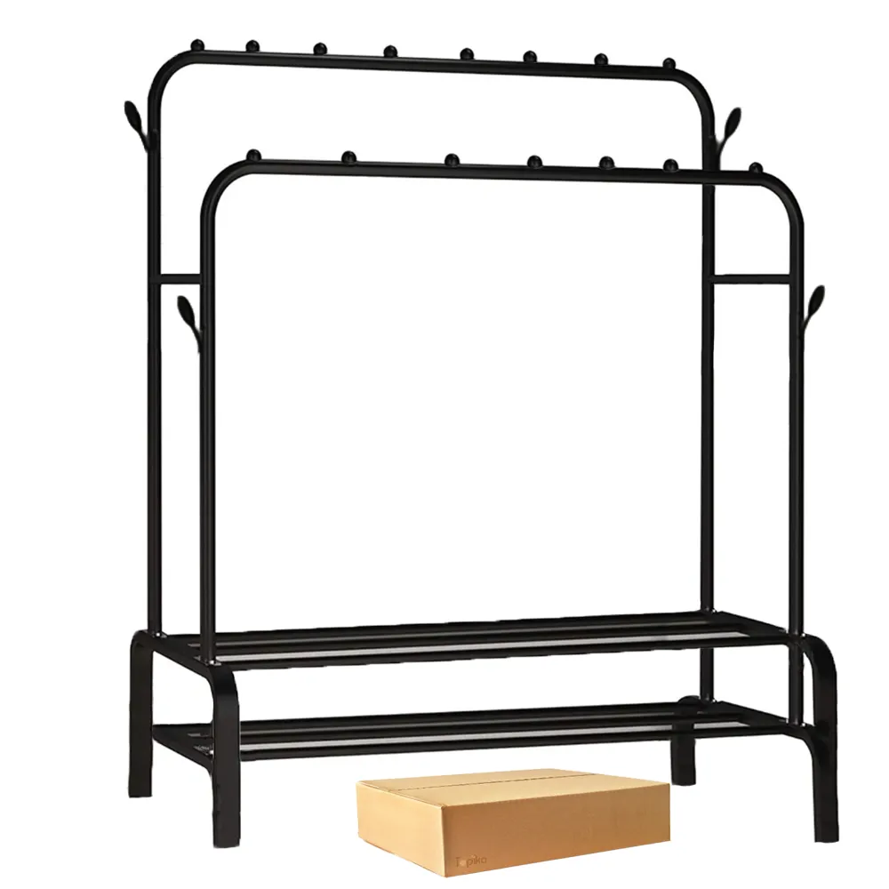 Topika-Double Rod Garment Rack with Double Shelves, Metal Clothing Storage - Black