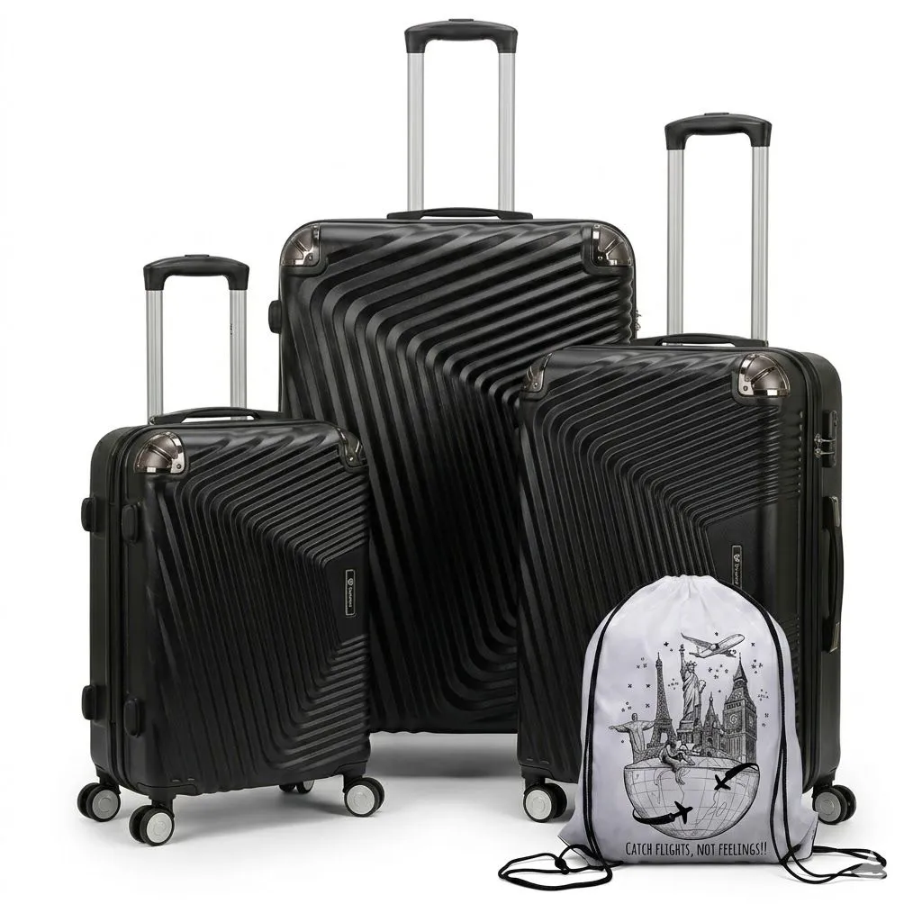 3-Piece of Geometric Elegance The Ultimate Hardside Travel Set & String Bag - Black