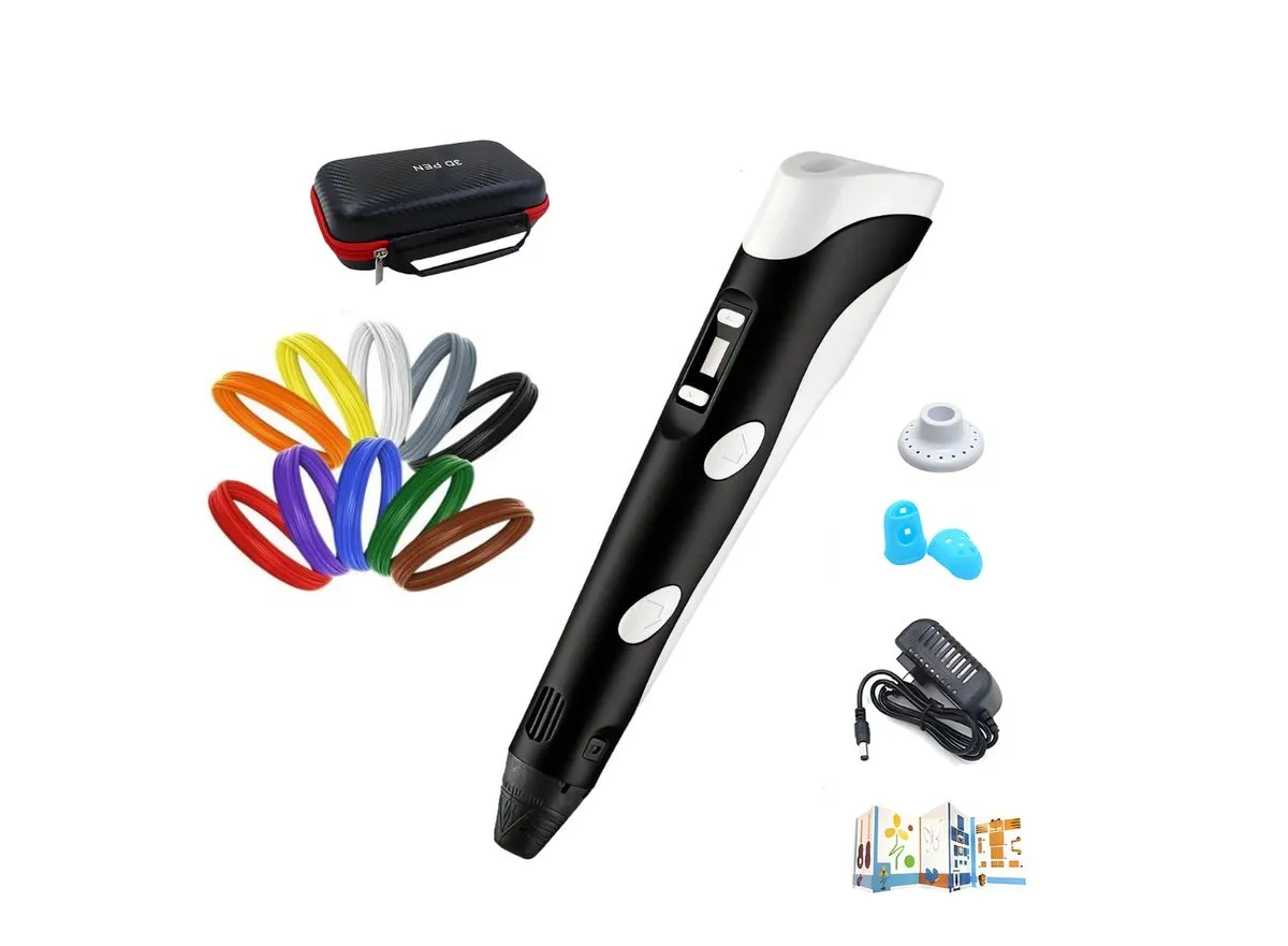 3D Printing Pen Kit with 100m PLA Filament - 20 Colors, LED Display - Black