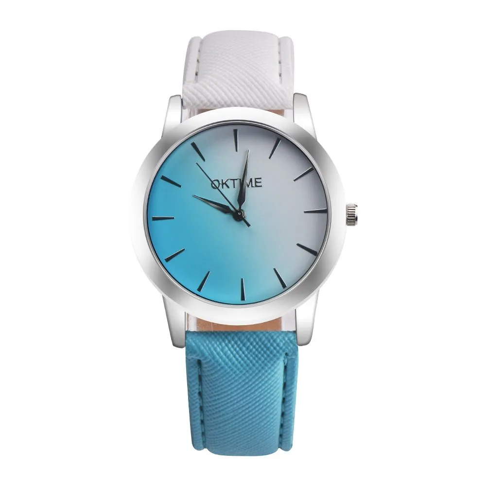 Women Wrist Watches Fashion Retro Rainbow Design Alloy Quartz Leather Band - Blue & White