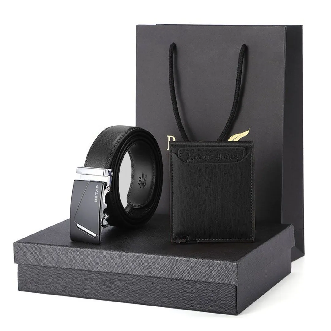 2 Pcs Men Genuine Leather Belts & Long Wallet Set L-Buckle With Gift Box