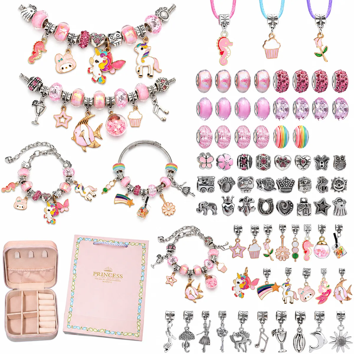 76Pcs Girls Bracelet Making Kit with Jewellery Box, Beads & Charms Gift Set