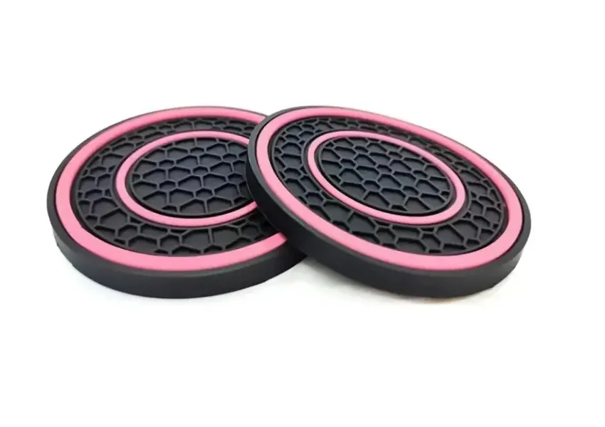 Rubber Double Circle Car Cup Holder Non-Slip Coasters - 2Piece - Pink, Black