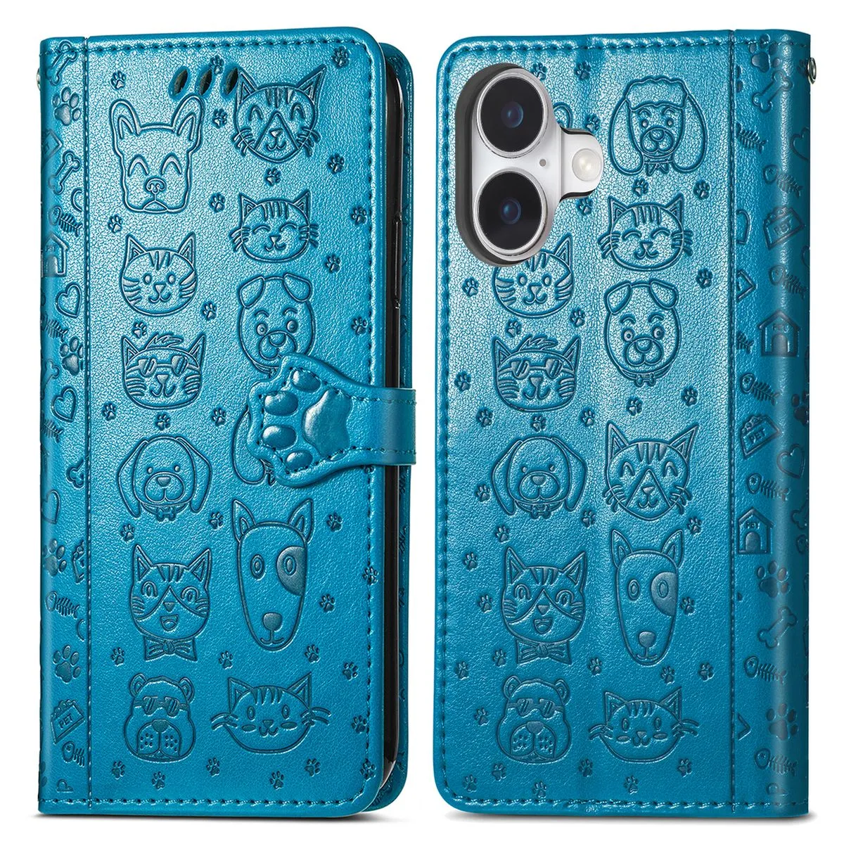 Cat and Dog Leather Flip Case Compatible With iPhone 17 Cover - Blue