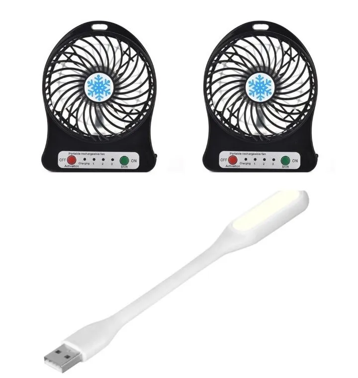 2 Pack Mini Rechargeable Fan 3-Speed Portable with USB Light - Black