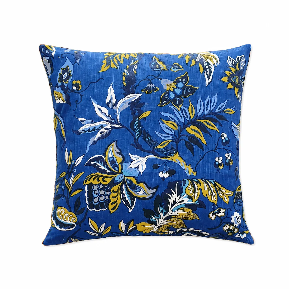 Da Gama Cobalt Blue Cotton Throw Pillow with Flowers without Inner