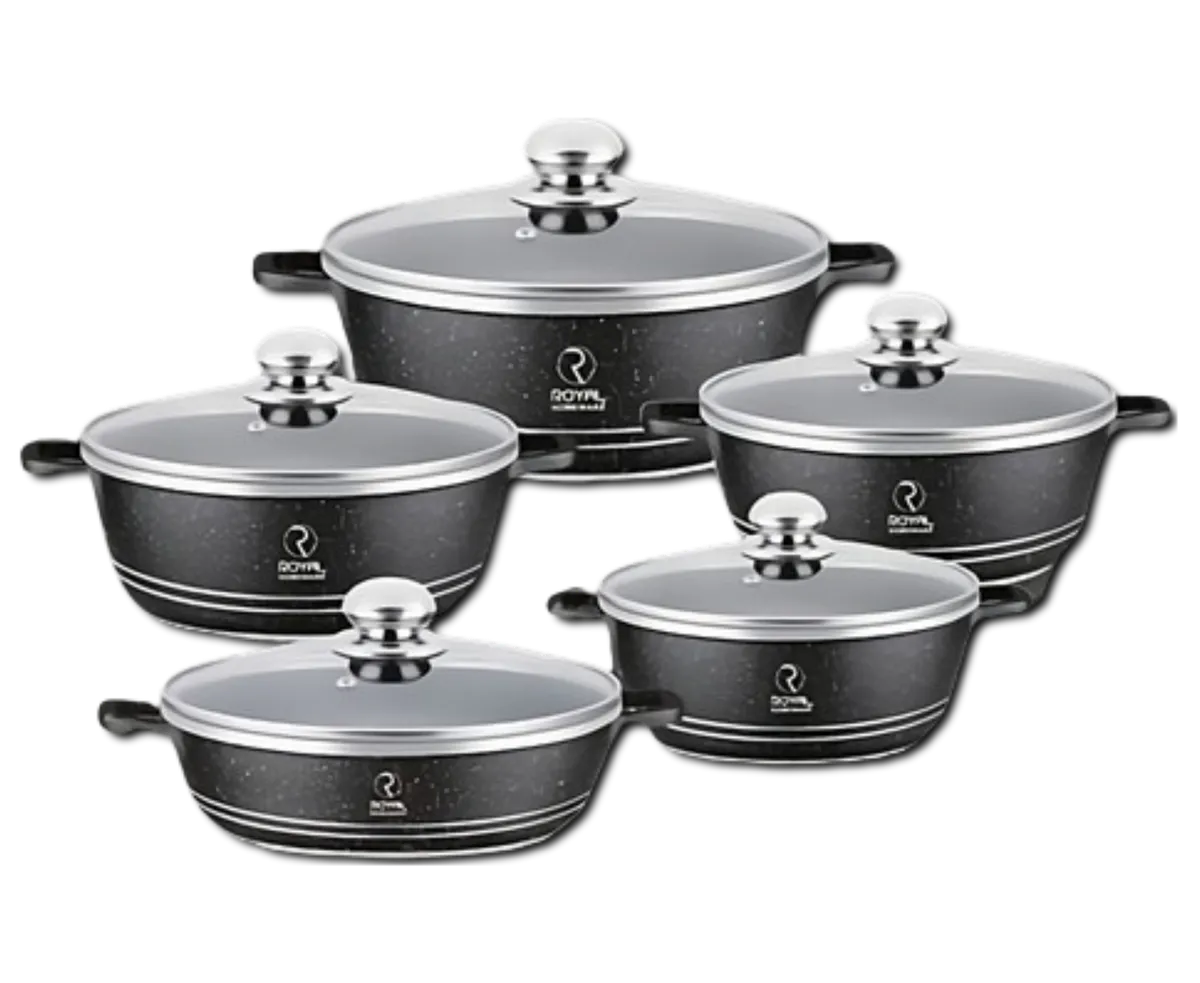 Royal Homeware Aluminium Die-Cast 10 Piece Pot Set - Granite - Black
