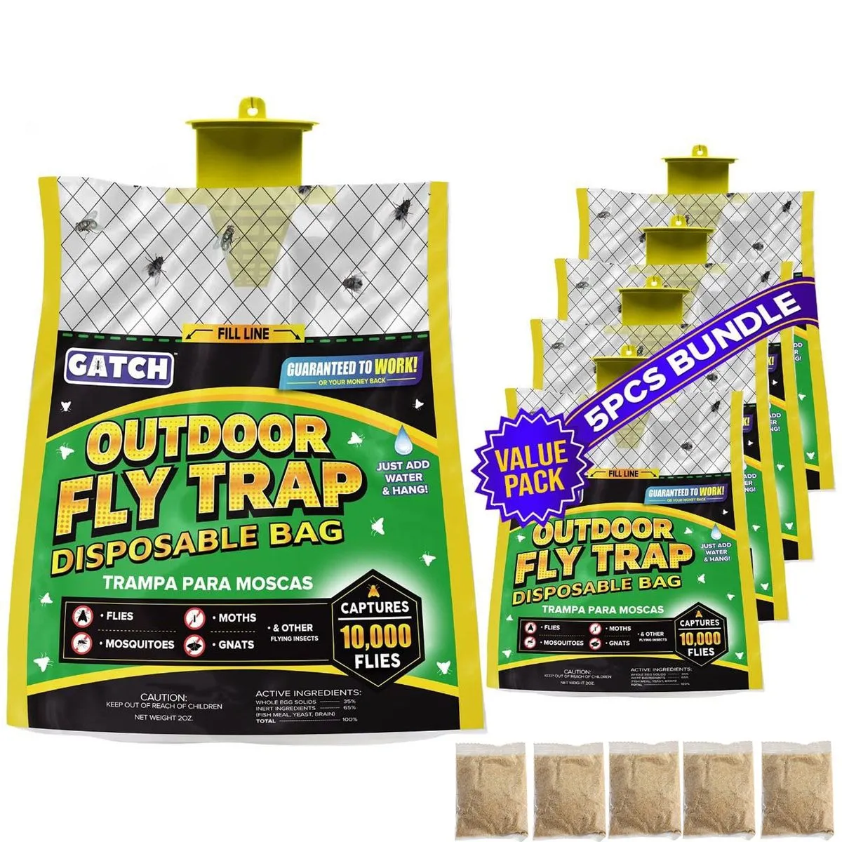 5 Piece Outdoor Disposable Fly Trap with 50g Attractant for Patio Yard Farm