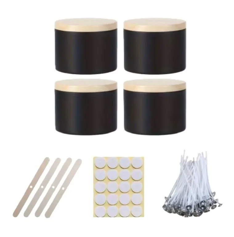 4 set Candle-Making Kit with Woody-lid Metal Jars - Black