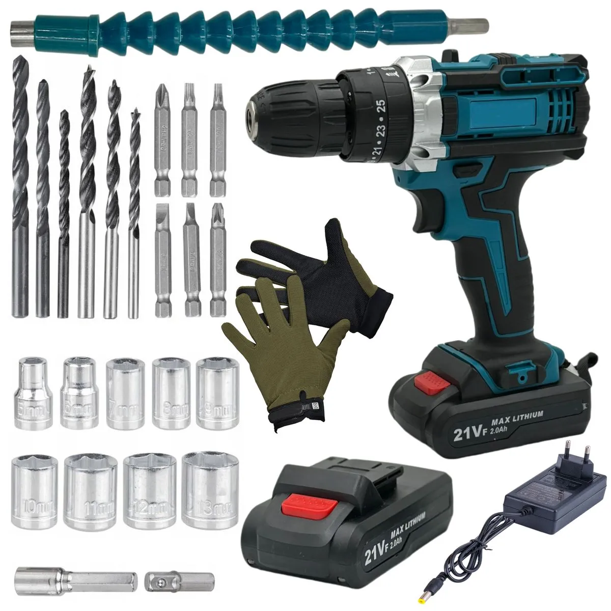 28 Piece Wireless Impact Drill Set With 2 Lithium Battery Packs, Case & Gloves