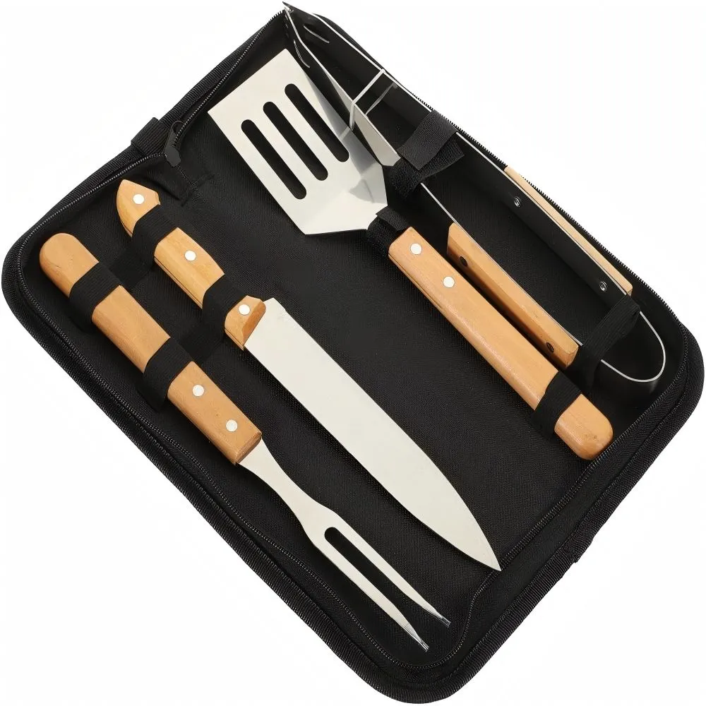 4-Piece Set of Stainless Steel Barbecue Tools with Storage Bag - Black