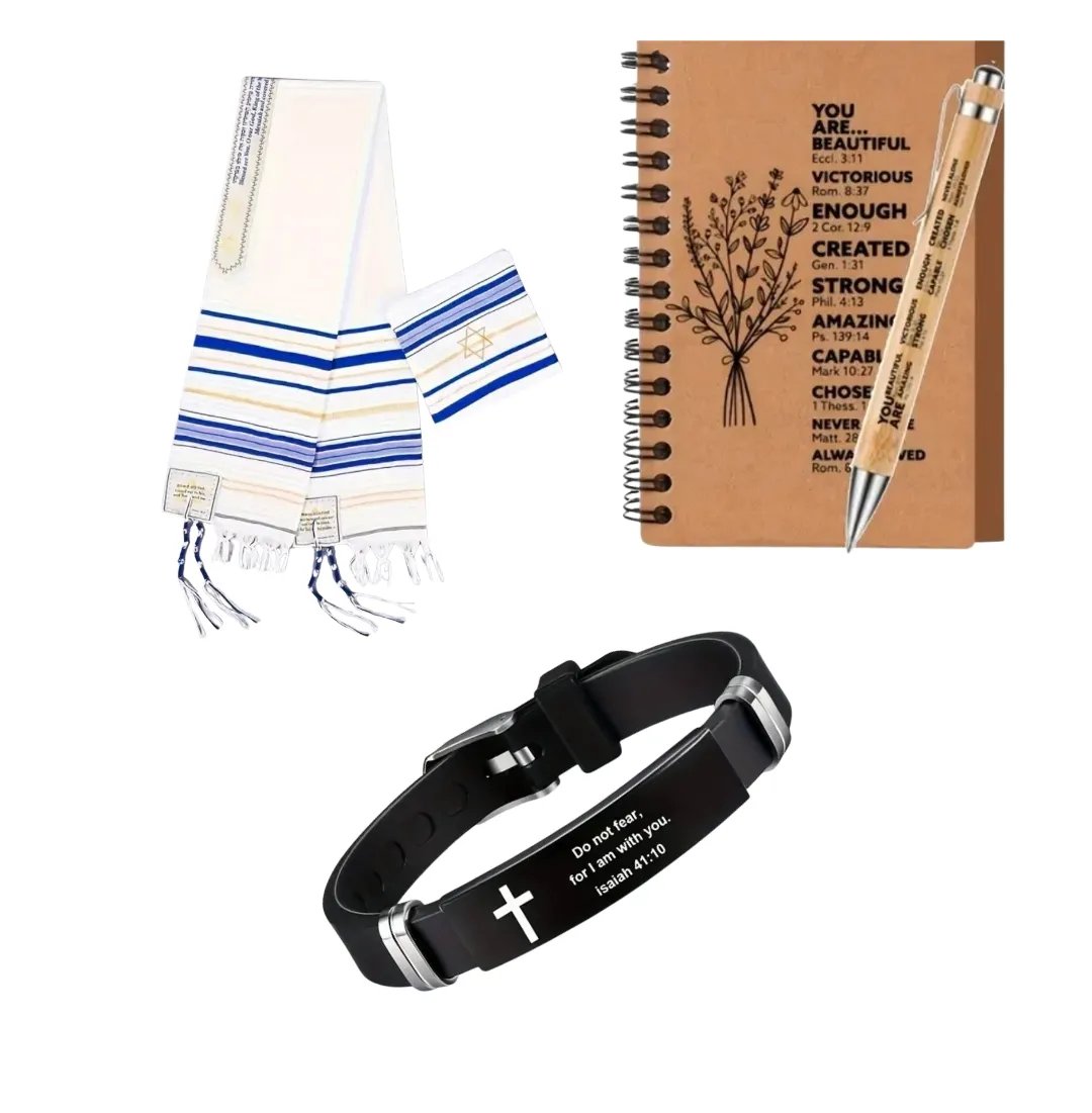 Prayer Shawl, Engraved Isaiah 41:10 Wrist Band & Notebook Gift Set - Unisex - Blue