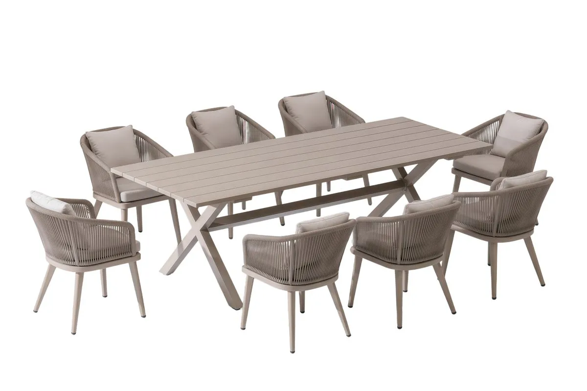 9-Piece Rustproof Aluminum Patio Dining Set, 8 Modern Rope Chairs, Cushions
