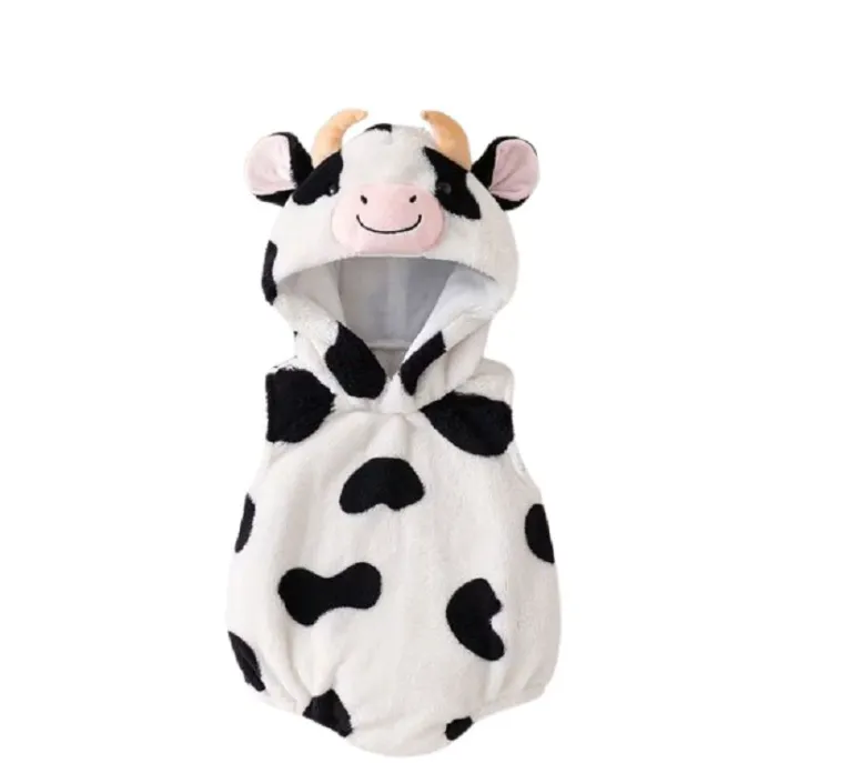 Cute Cow Hooded Plush Sleeveless Baby Romper Onesie
