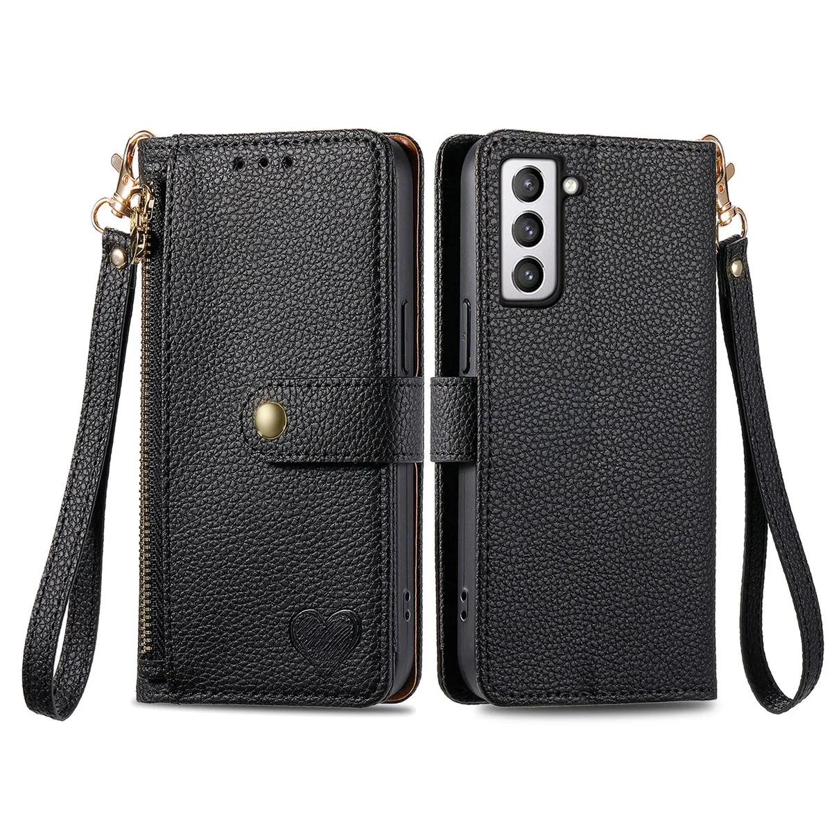 RFID Zip Leather Wallet Case Compatible With Samsung Galaxy S21 Cover - Black