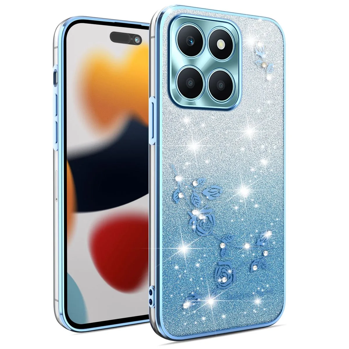 Phone Case Compatible With Honor X6A Flowers Diamond Shining Cover - Blue