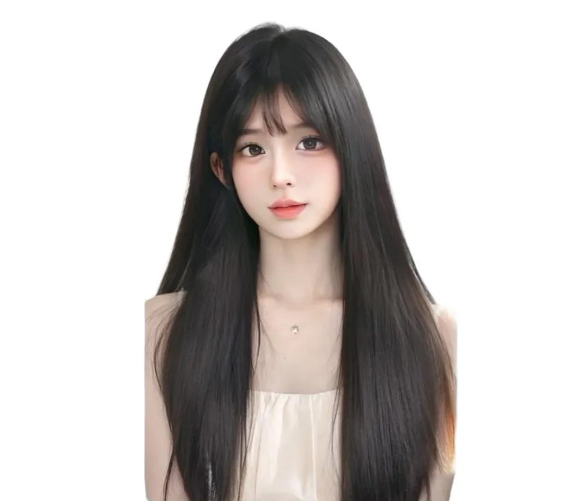 Long, Straight, Thin Black Full-Head Wig - Black long straight bangs