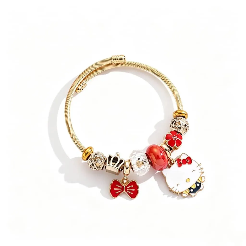Gold-Plated Hello Kitty Inspired Charm Bangle Bracelet